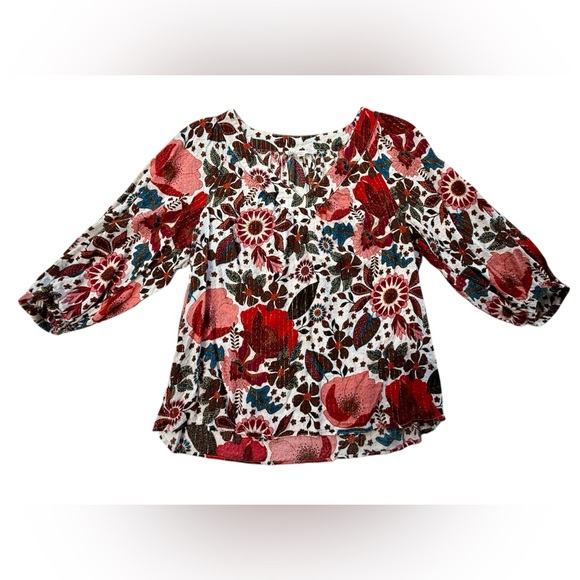 Jane & Delancey Women's Red Orange Floral Cottagecore Pullover V Neck Top Size M - Picture 3 of 11